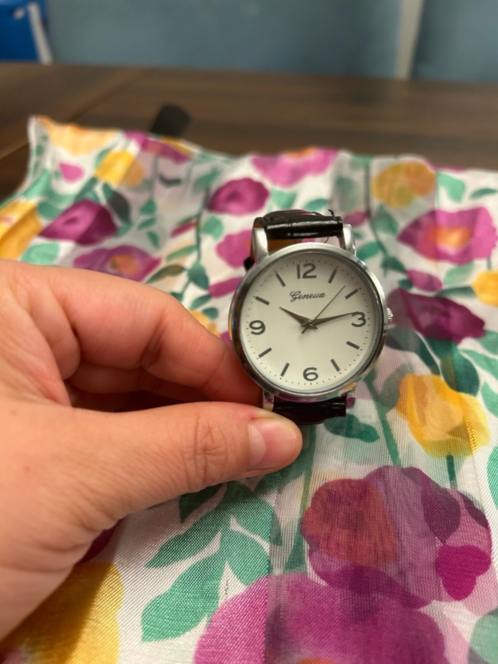 Geneva Silver Case Watch with White Dial and Black Strap